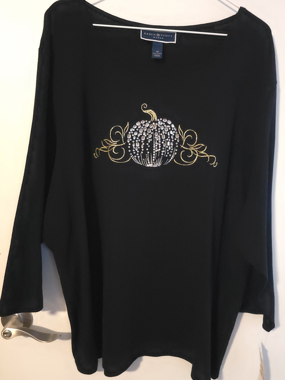 Karen Scott Black Embellished Pumpkin Long Sleeve Top